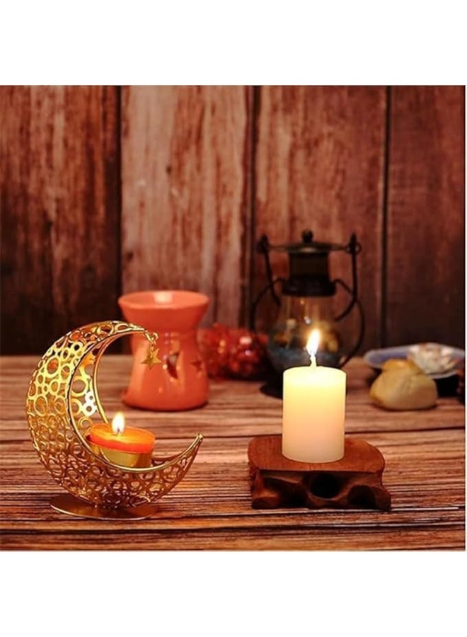 Eid Moon Candle Holder, Ramadan Hollowed Decoration Light Atmosphere Modeling Decor for Eid and al Adha Celebration, Home Table Party Ramadan Tabletop Lighting Decoration (Gold) - Image 2